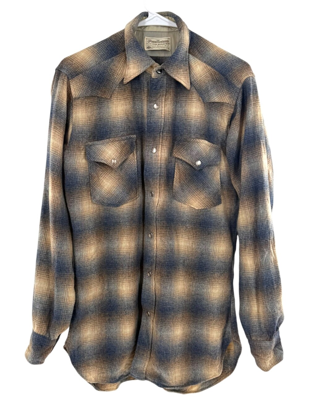 Pendleton High Grade Western Shirt Wool Pearl Shadow Plaid Blue Tan Men's Size M